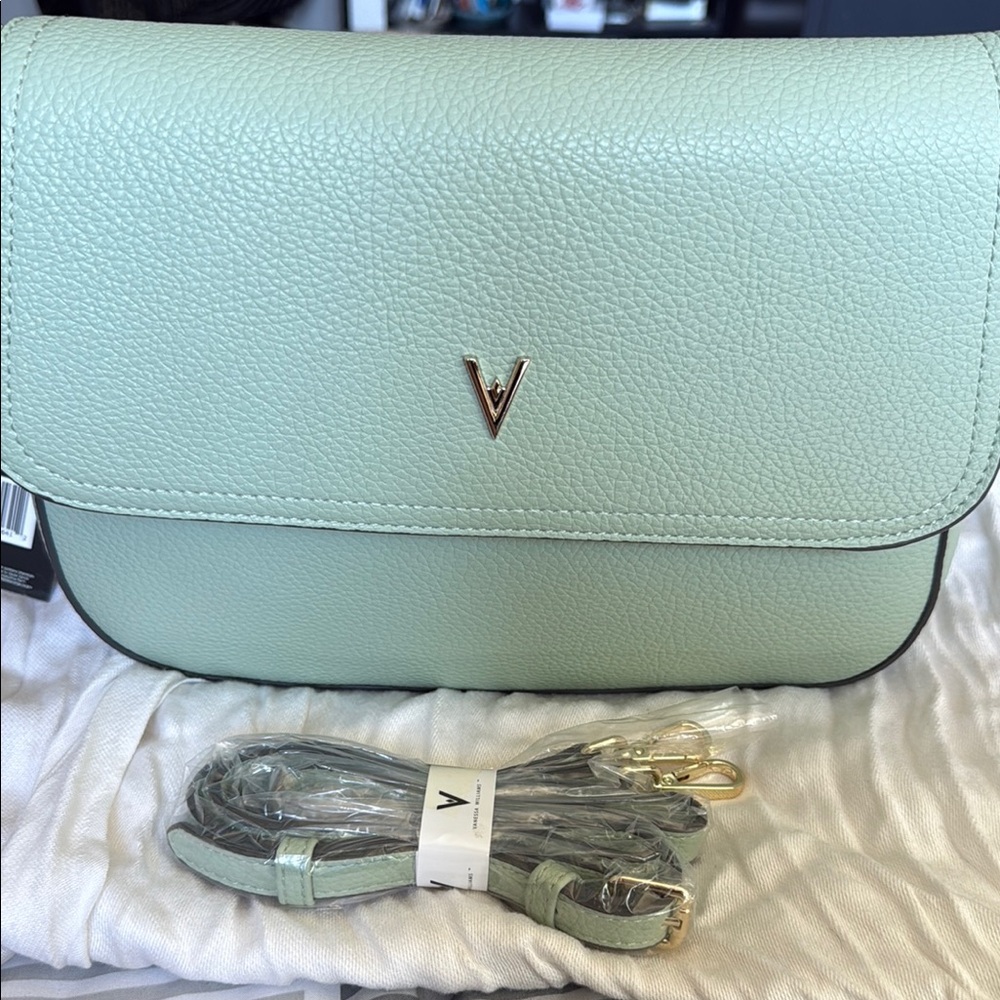 Mint Green Pebbled Leather Crossbody Bag with Flap-Over Design